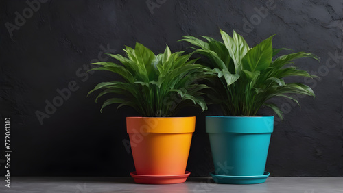 a green potted plant on a dark black background.the copy space. test space