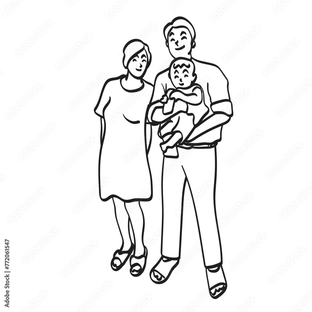 Parents with newborn baby illustration vector hand drawn isolated on white background Parents with newborn baby illustration vector hand drawn isolated on white background