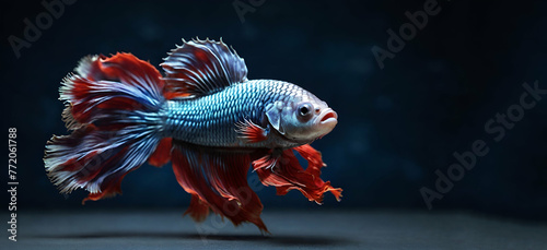 Red and blue Betta fish, siamese fighting fish swimming in the water and water splashing with its bubbles, isolated on color background generative by ai...