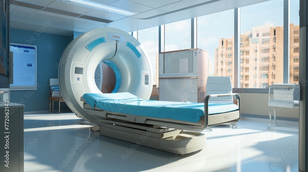 An MRI machine with a hospital room background An MRI machine with a hospital room background