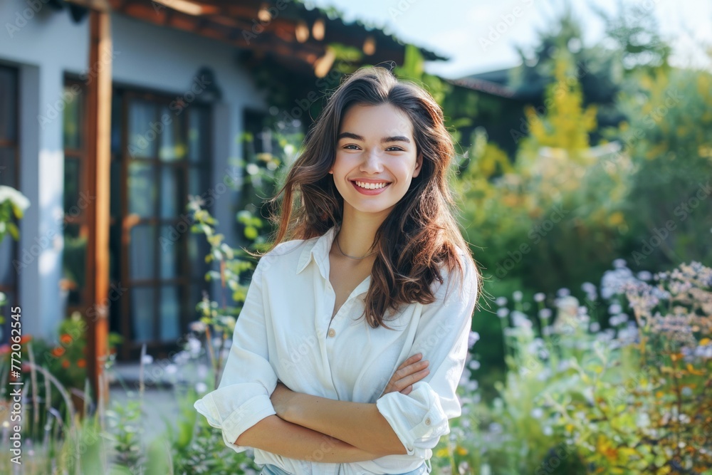 Young Woman Smiling in a Sunny Backyard With Lush Greenery and Modern Home Behind Young Woman Smiling in a Sunny Backyard With Lush Greenery and Modern Home Behind