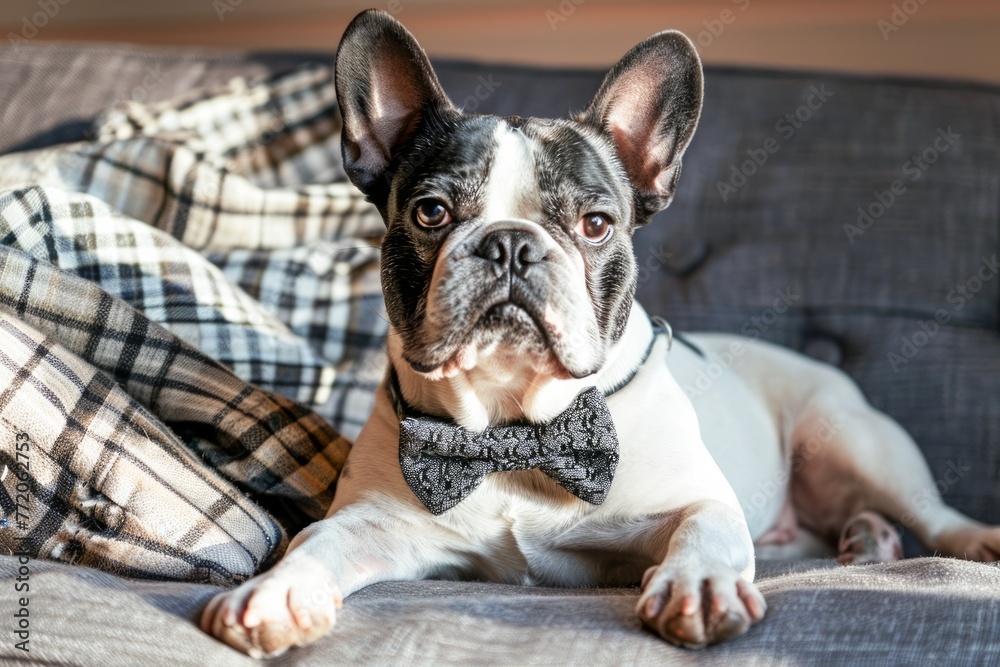 Portrait of a  French Bulldog Wearing a Bow Tie on a Sofa