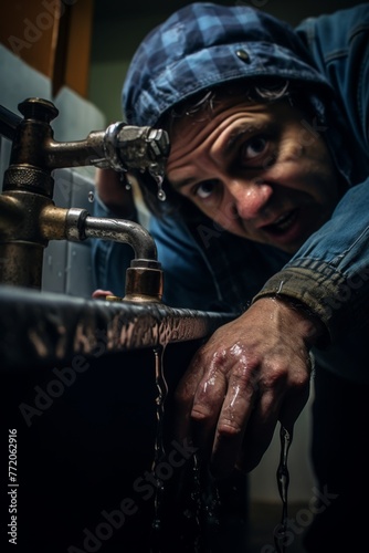 a man Fixing a leaky faucet under the sink showing hands tightening a pipe with a wrench