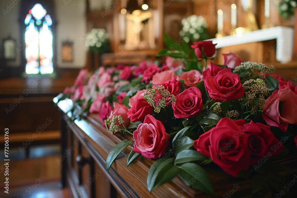 Close up view of a brown wooden coffin decorated with red roses in a church Close up view of a brown wooden coffin decorated with red roses in a church