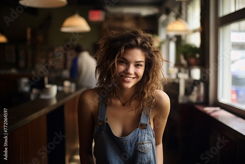 Smiling woman taking selfie at restaurant. She in great mood takes selfie with big smile standing and having fun taking light cheerful selfie on blurred background. Generative AI.