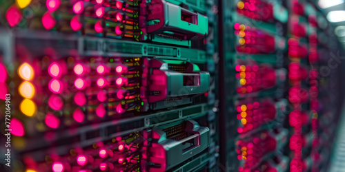 Three rows of computer servers in a data center, styled with energy-filled illustrations, selective focus, and dark magenta, light azure, light amber, and azure hues.