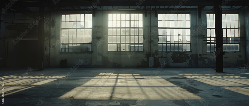 An empty space features black and large windows, styled with industrial elements, rim light, and light-filled aesthetics in light white and navy hues.