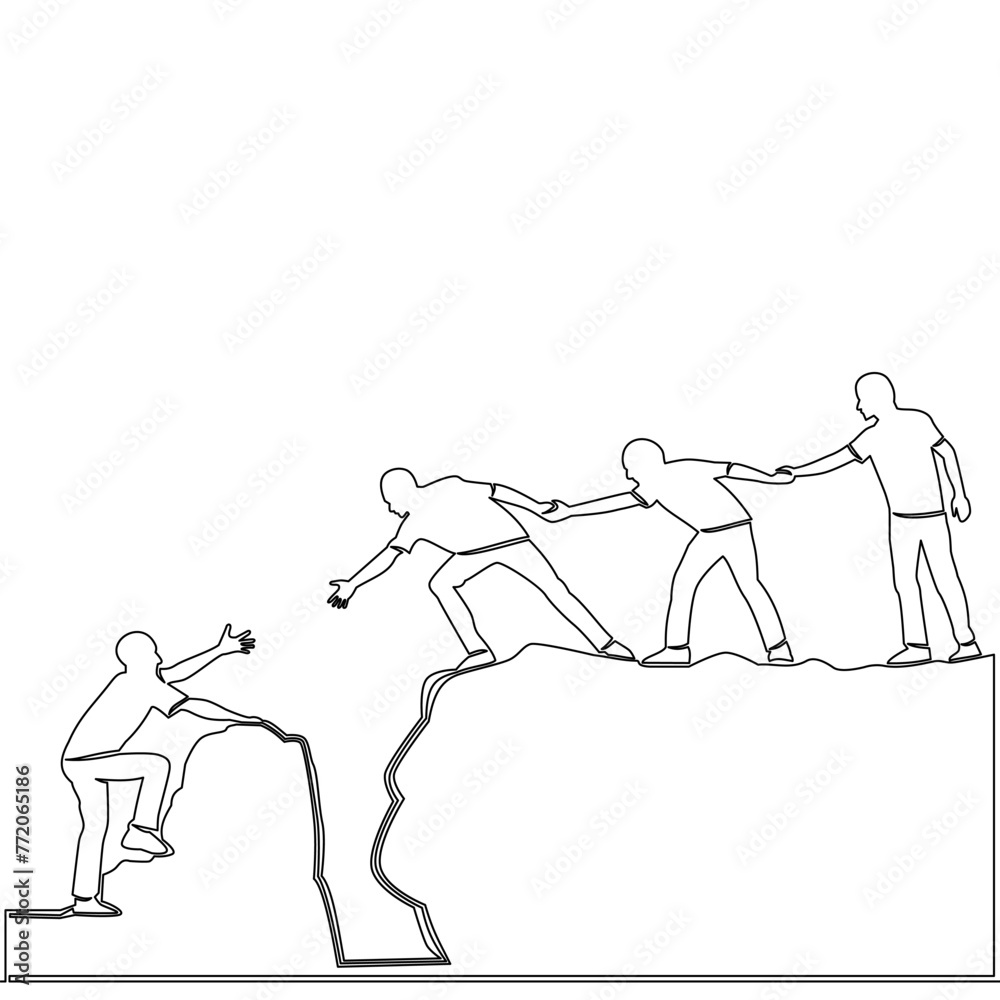 Continuous one single line drawing group of businesspeople helping each other hike up a mountain Business, success, leadership, achievement and goal icon vector illustration concept - obrazy, fototapety, plakaty 