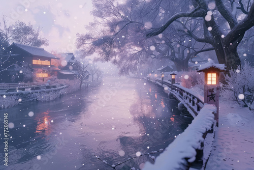 A winter scene by a river with snow falling, styled with vray tracing, zen-inspired elements, and light magenta and orange hues.