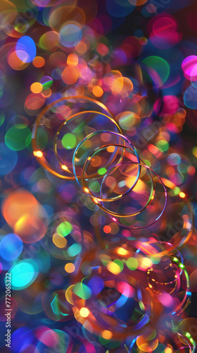 A collection of vibrant circles surrounded by lights, featuring dynamic lines and curves.