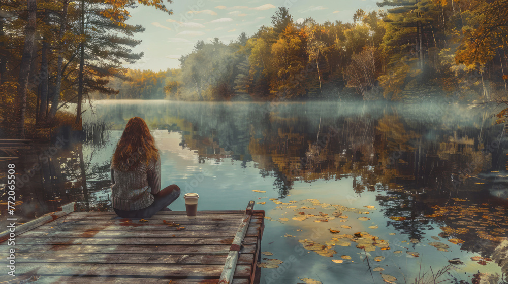 A woman enjoys her morning coffee on the dock, styled with ethereal nature scenes in indigo and amber hues. A woman enjoys her morning coffee on the dock, styled with ethereal nature scenes in indigo and amber hues.