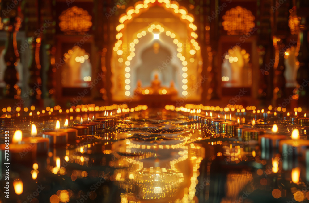 An interior city scene features candles in front of a huge gold background