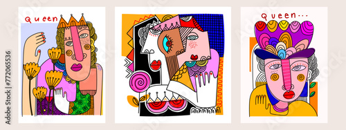 Face portrait abstraction geometric, shapes and doodle hand drawn vector wall art illustration. Creative graphic design minimalist silhouette cubism people.