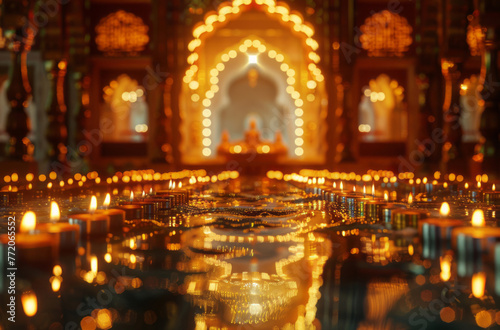 An interior city scene features candles in front of a huge gold background