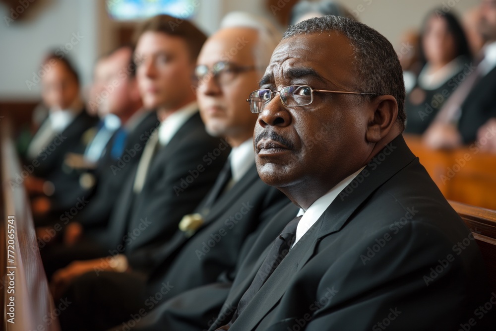 Men and women in mourning back suits sitting in the row on the bench in church at a funeral Men and women in mourning back suits sitting in the row on the bench in church at a funeral