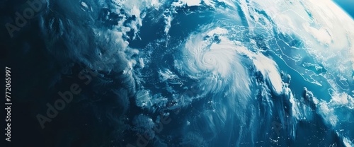 A massive hurricane is visible in the sky with the earth in sight, styled with pronounced contours, an aerial perspective, and a wandering eye aesthetic.