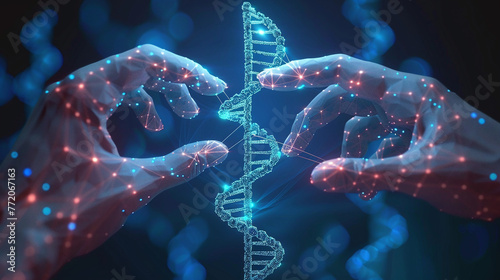3D lowpoly illustration of human hands interacting and controlling DNA, CRISPR, biotechnology photo