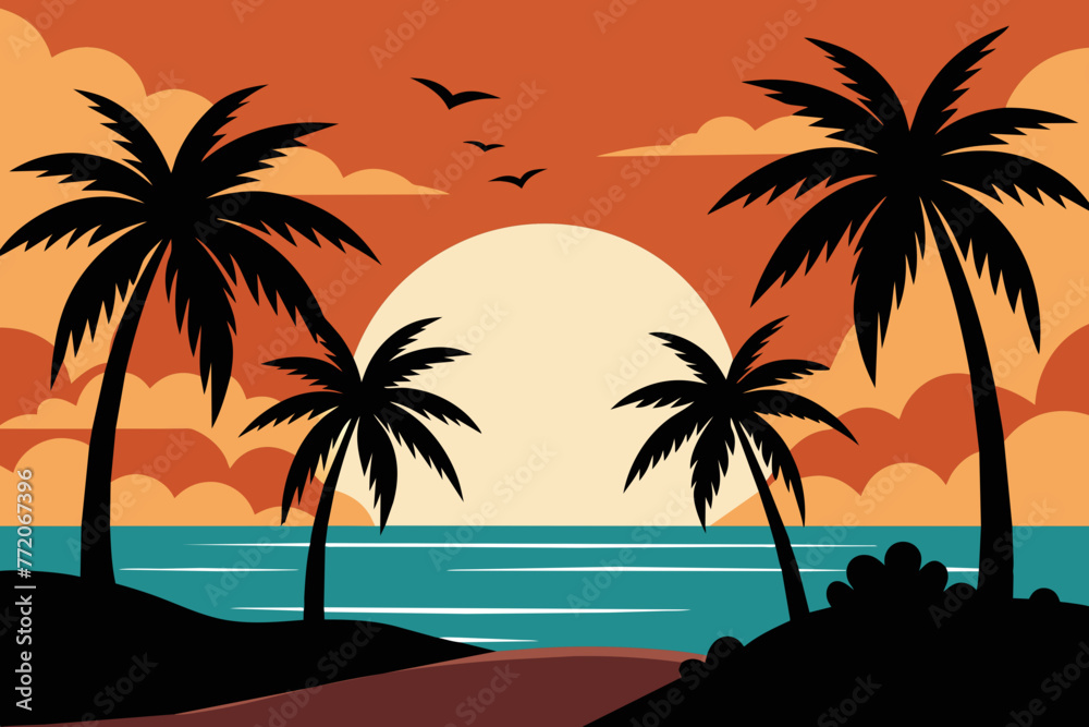 beach palms sea sunset vector design