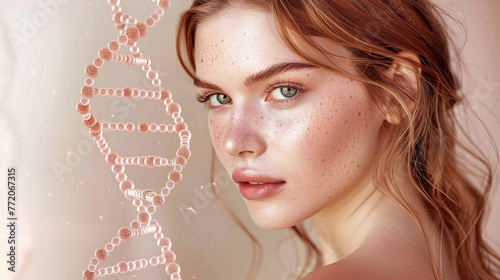 illustration of beautiful young woman with flawless skin, with DNA around. Concept of good genetics, modified DNA, cosmetic and biotechnology for longevity, skin rejuvenation