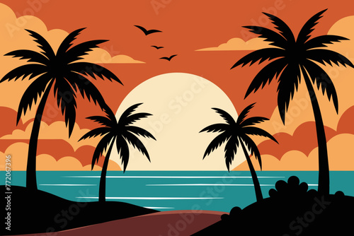 beach palms sea sunset vector design © AL