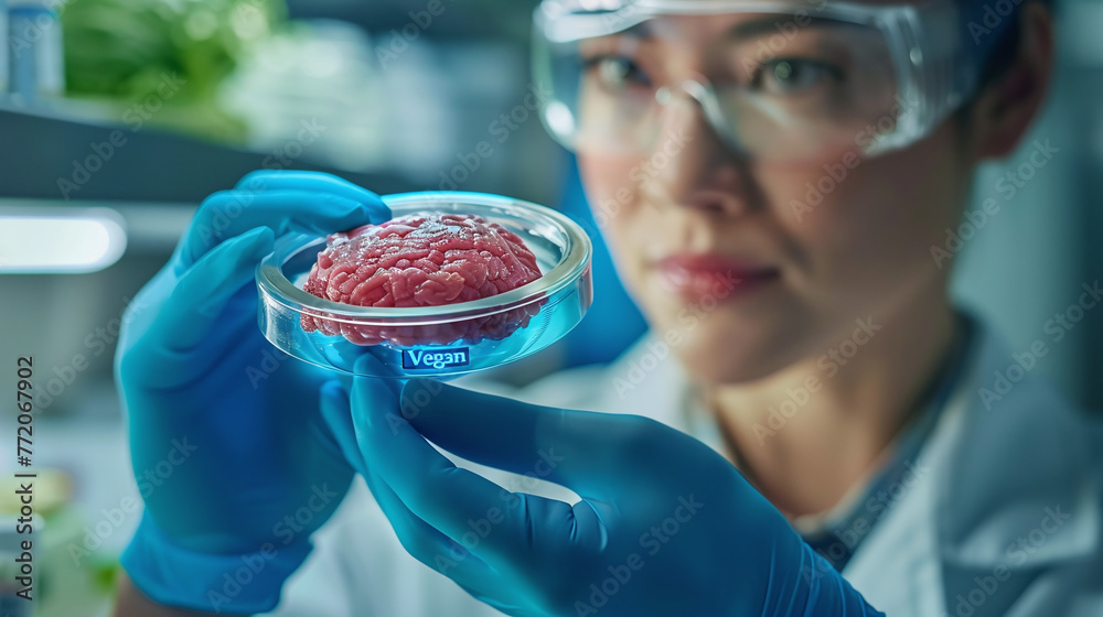 close-up of scientist engineer holding a sample of vegan meat, GMO, genetically modified food, vegetable meat, printed meat - obrazy, fototapety, plakaty 