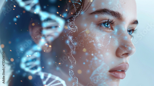 illustration of beautiful young woman with flawless skin, with DNA around. Concept of good genetics, modified DNA, cosmetic and biotechnology for longevity, skin rejuvenation photo