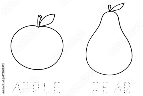 Educational children’s coloring page, pear and apple doodle illustration, black and white educational children’s card, fruits worksheet 