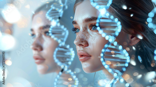 illustration of beautiful young woman with flawless skin, with DNA around. Concept of good genetics, modified DNA, cosmetic and biotechnology for longevity, skin rejuvenation photo