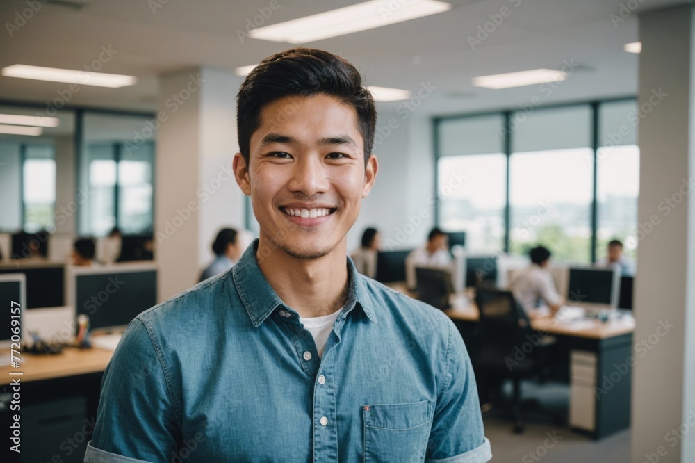 Young asian man smiles brightly in a casual business office setting. Young asian man smiles brightly in a casual business office setting.
