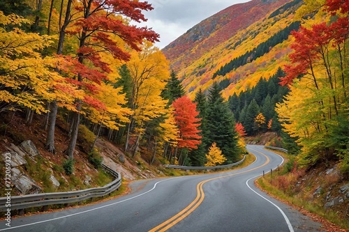 Curvy mountain road in vibrant fall foliage, White Mountains