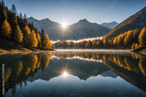 Foggy mood and reflection of mountains in mountain lake, sun star, backlight, morning light, autumn