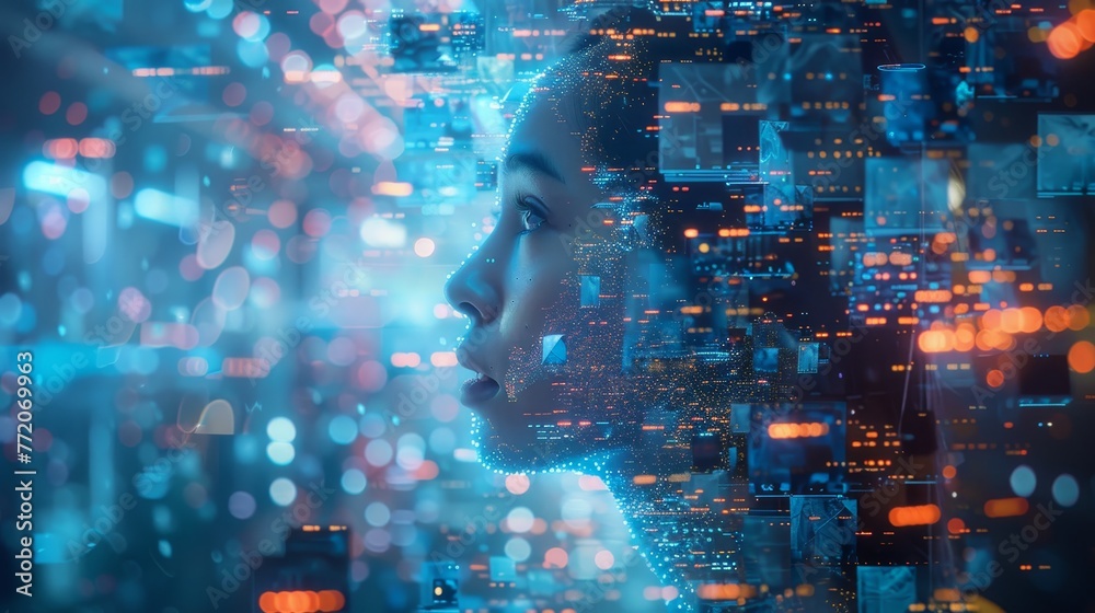 A woman's face is shown in a computer generated image with a cityscape in the background. The image is a representation of the idea of technology and its impact on human life