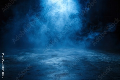 Empty space of Studio dark room concrete floor grunge texture background with spot lighting and fog or mist in background - generative ai