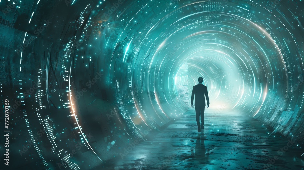 Obraz premium A man walks through a tunnel with a blue background. The tunnel is filled with glowing lights and the man is the only one in the scene. Scene is mysterious and surreal