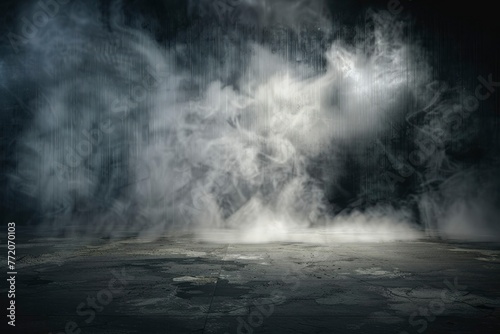 Empty space of Studio dark room concrete floor grunge texture background with spot lighting and fog or mist in background - generative ai