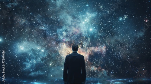 A man stands in front of a starry sky, looking up at the vast expanse of space. Concept of wonder and awe at the vastness of the universe
