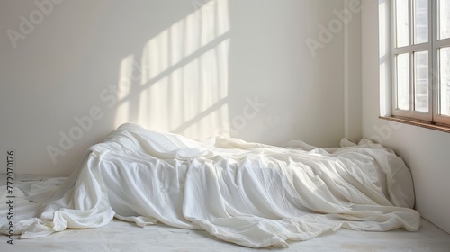  an unmade bed, sheets disheveled; sunlight filtering through the window; a stray sheet on the floor