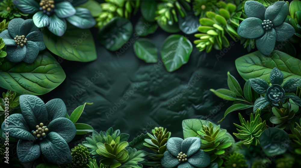   A tight shot of verdant leaves and blooms against a black backdrop, framed by a green rectangle in its center