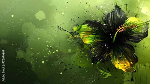  A black-and-yellow flower with verdant leaves against a green-and-black backdrop, adorned with water droplets on its petals (45