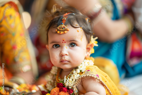 Cheerful Baby Celebrating Holi Festival in Vibrant City Setting