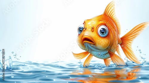   A goldfish, closely framed, submerged in water with surface droplets and a visible lateral face photo