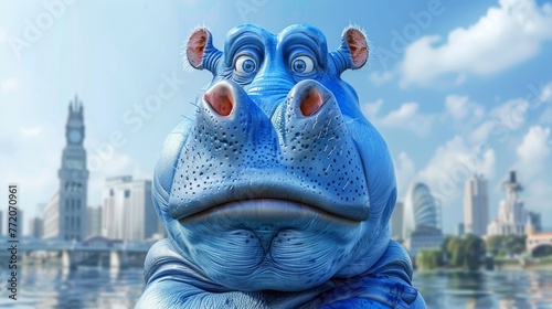  A tight shot of a hippo statue overlooking water, with a cityscape behind it