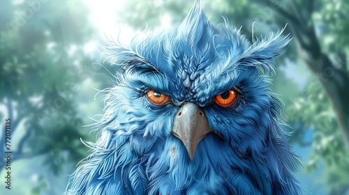   A painting of an owl with orange eyes and a blue bird also having orange eyes against a backdrop of a tree