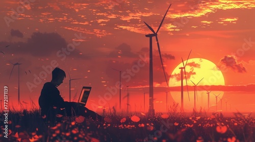 An engineer is working on a laptop at a wind farm. © Orkhan