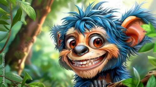   A tight shot of a cartoon bear with blue hair and a gleaming smile in a woodland setting