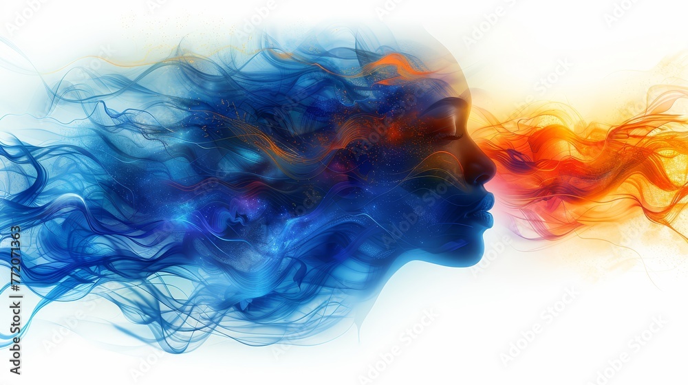   A portrait of a woman's head surrounded by blue, orange, and red smoke emanating from her face