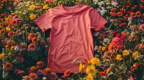 A pink shirt is laying on a bed of flowers. The shirt is unbuttoned and the sleeves are rolled up. The flowers are in full bloom and are scattered throughout the scene. Scene is one of relaxation photo
