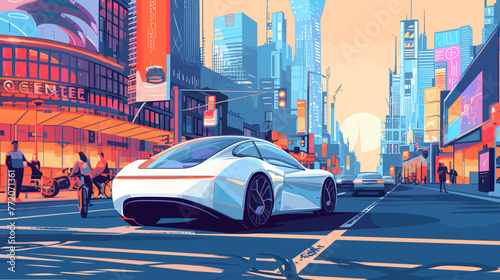 Illustration that brings to life the bustling energy of a modern city embracing the eco-friendly lifestyle of electric vehicles