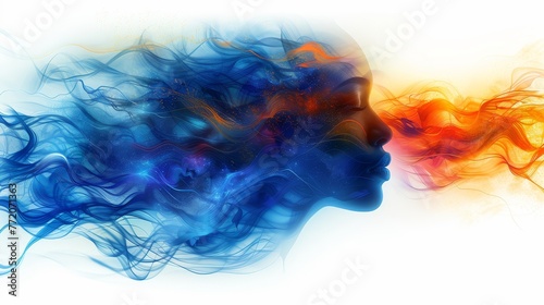  A portrait of a woman's head surrounded by blue, orange, and red smoke emanating from her face