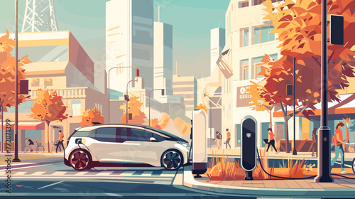 Illustration that brings to life the bustling energy of a modern city embracing the eco-friendly lifestyle of electric vehicles photo